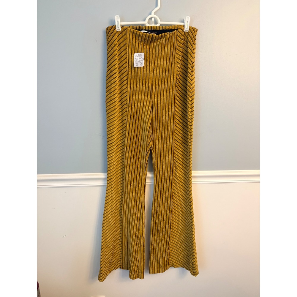 Free People Slim Pull On Velvet Flare Pants Mustard Yellow Gold Ribbed XL NEW